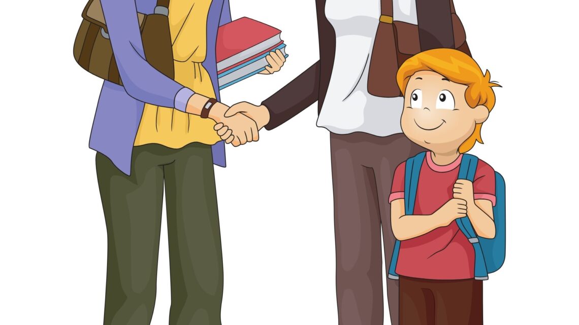 Parent shaking teachers hand as child smiles up at them