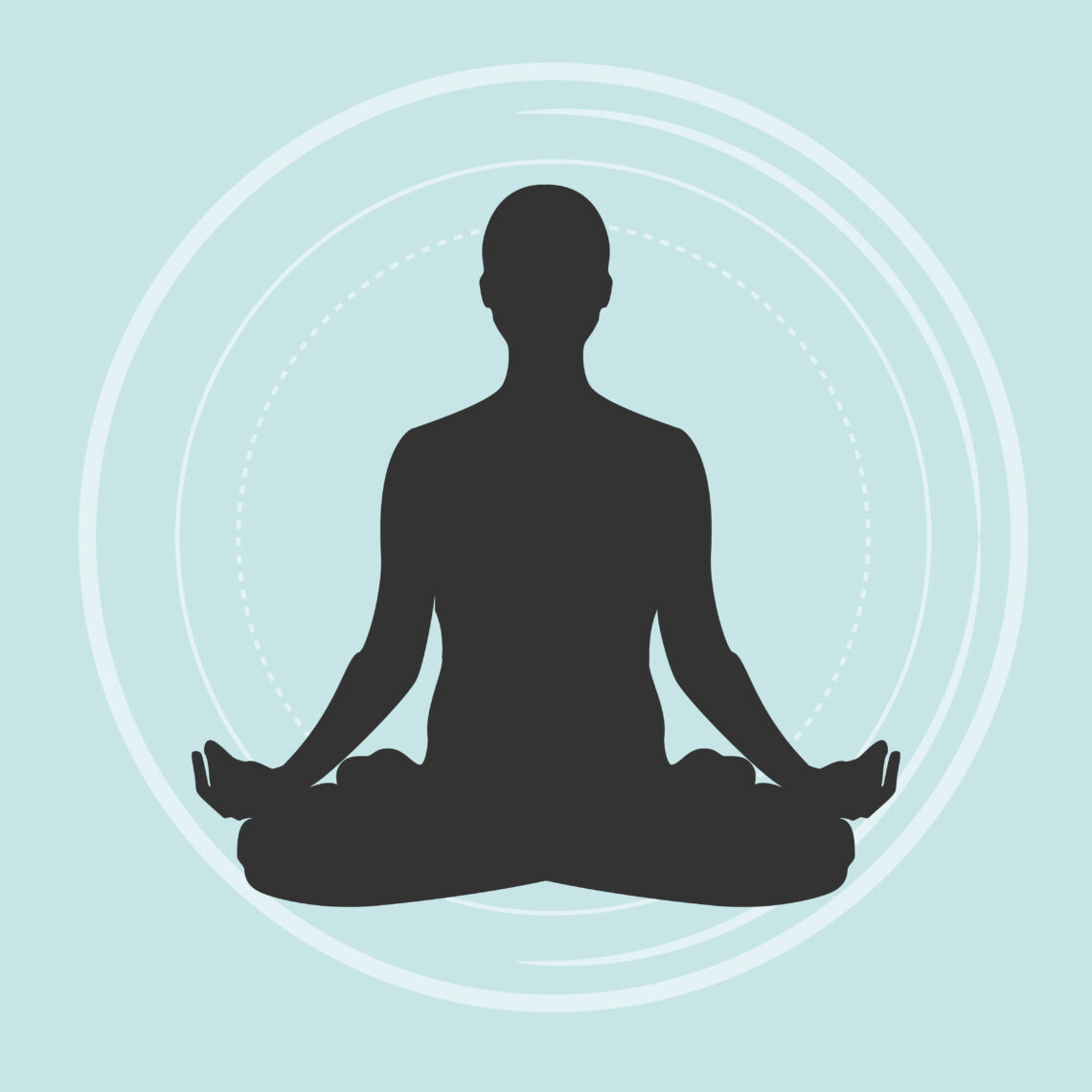Human seated in traditional meditative posture, light blue background, white background circle