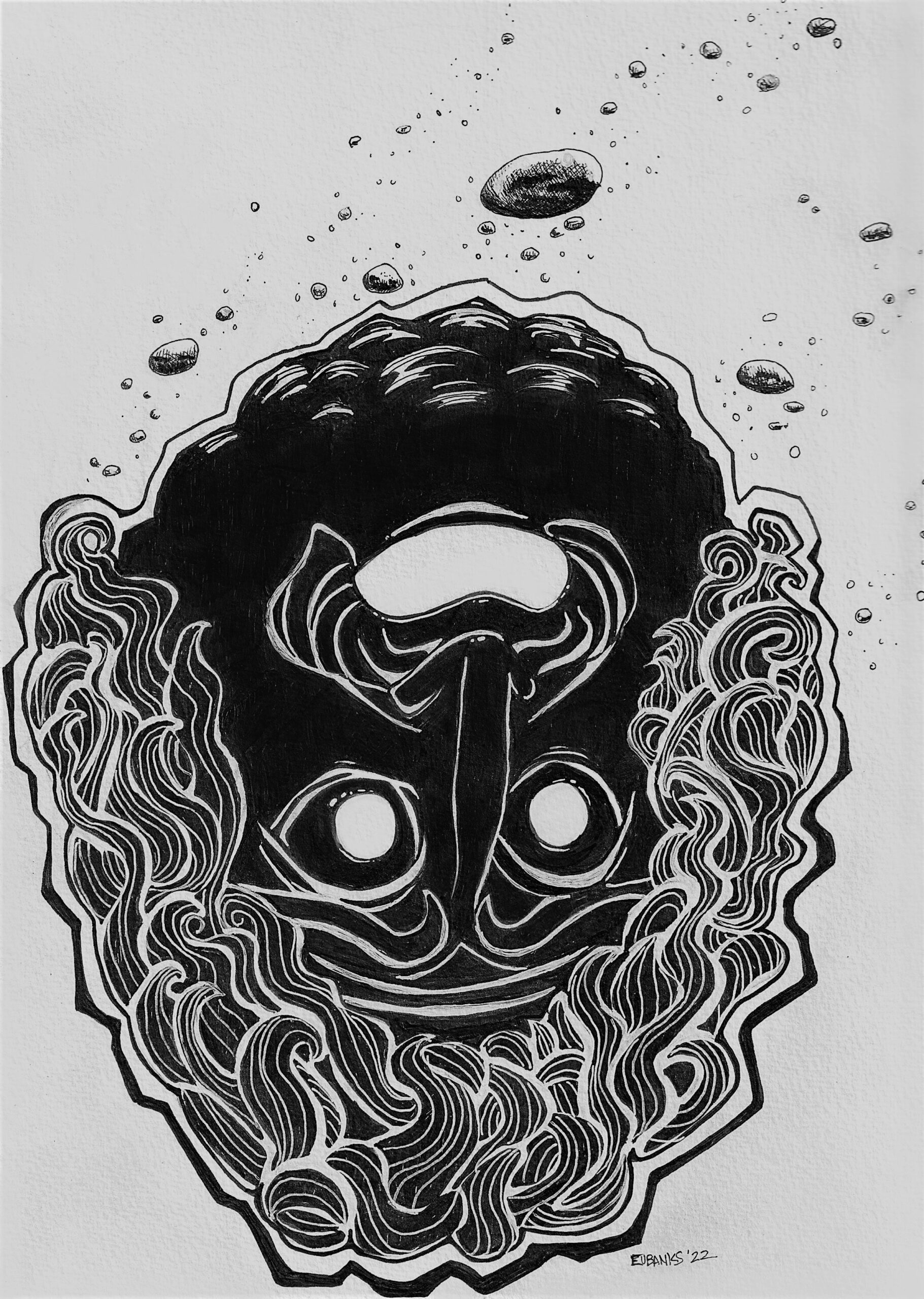 Stylized black and white illustration of an upside-down Greek tragedy mask. Bubbles stream from it. 