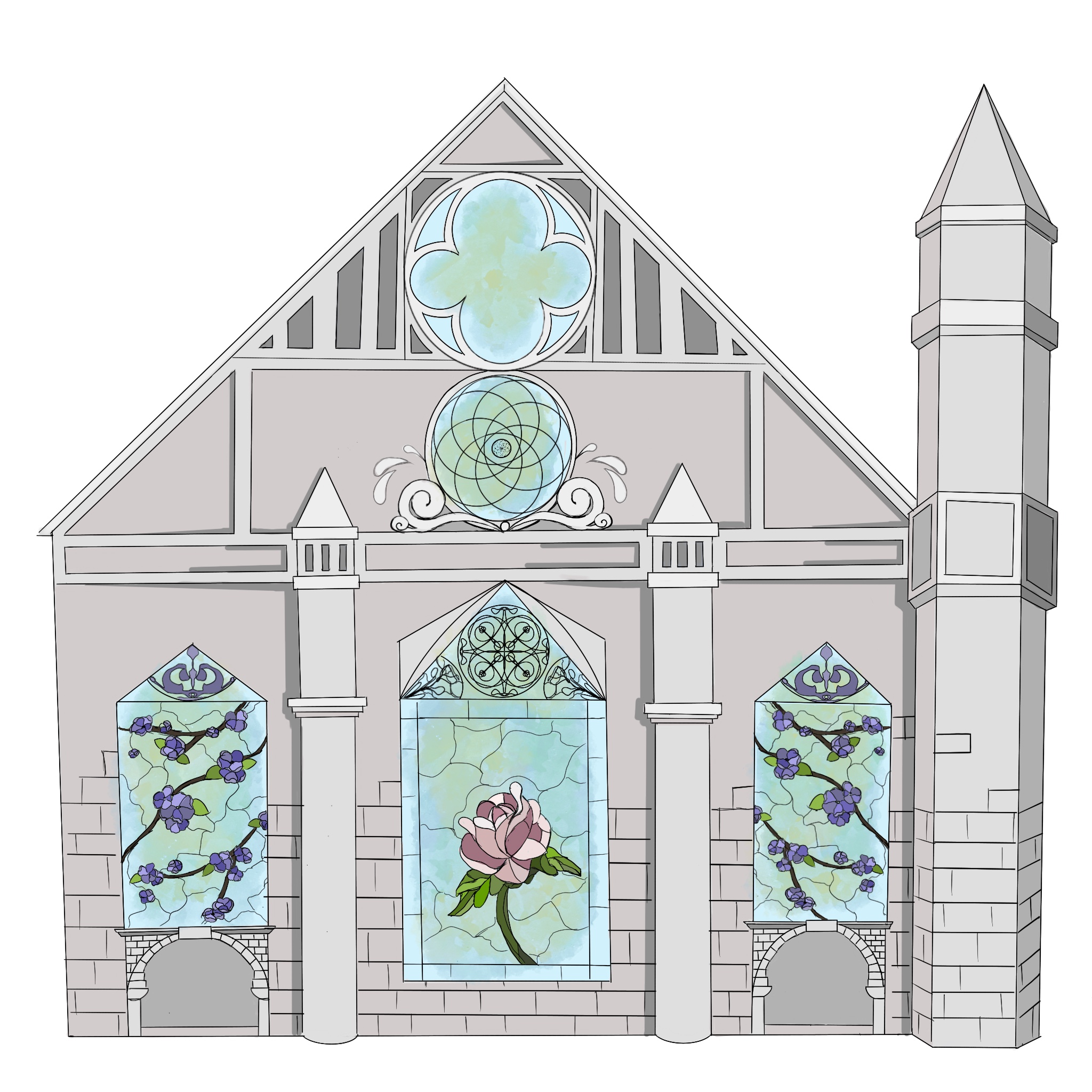 Digital drawing of gray stone building 