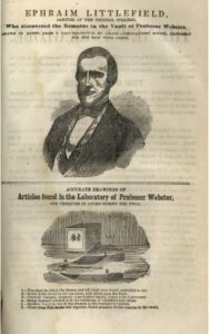 Image of Ephraim Littlefield, janitor from the medical college, and articles found in the laboratory of Professor Webster