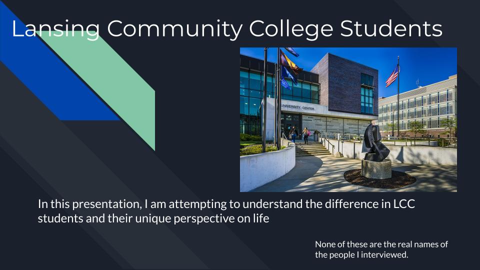 This is a presentation by myself Ayden Villatoro, on the different influences and perspective's of students attending Lansing Community College in 2024